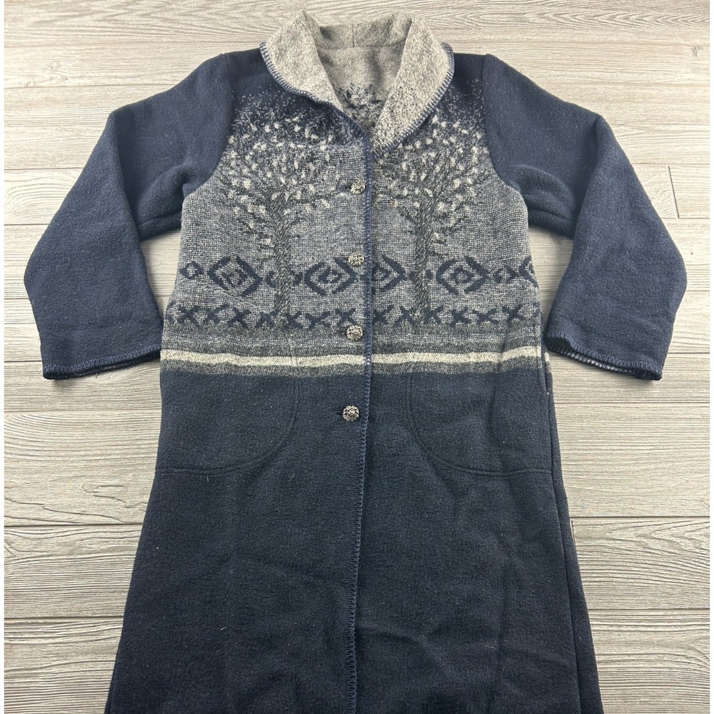 WRD Women's Long Tree Graphic Cardigan Duster Navy Blue/Gray Button Up Size SM
